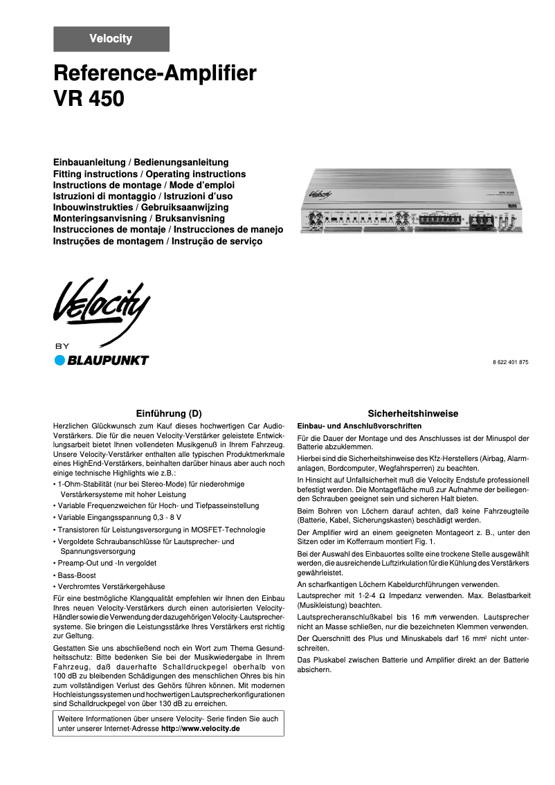 Page 1 de la notice Manuel utilisateur Blaupunkt Velocity VR 450