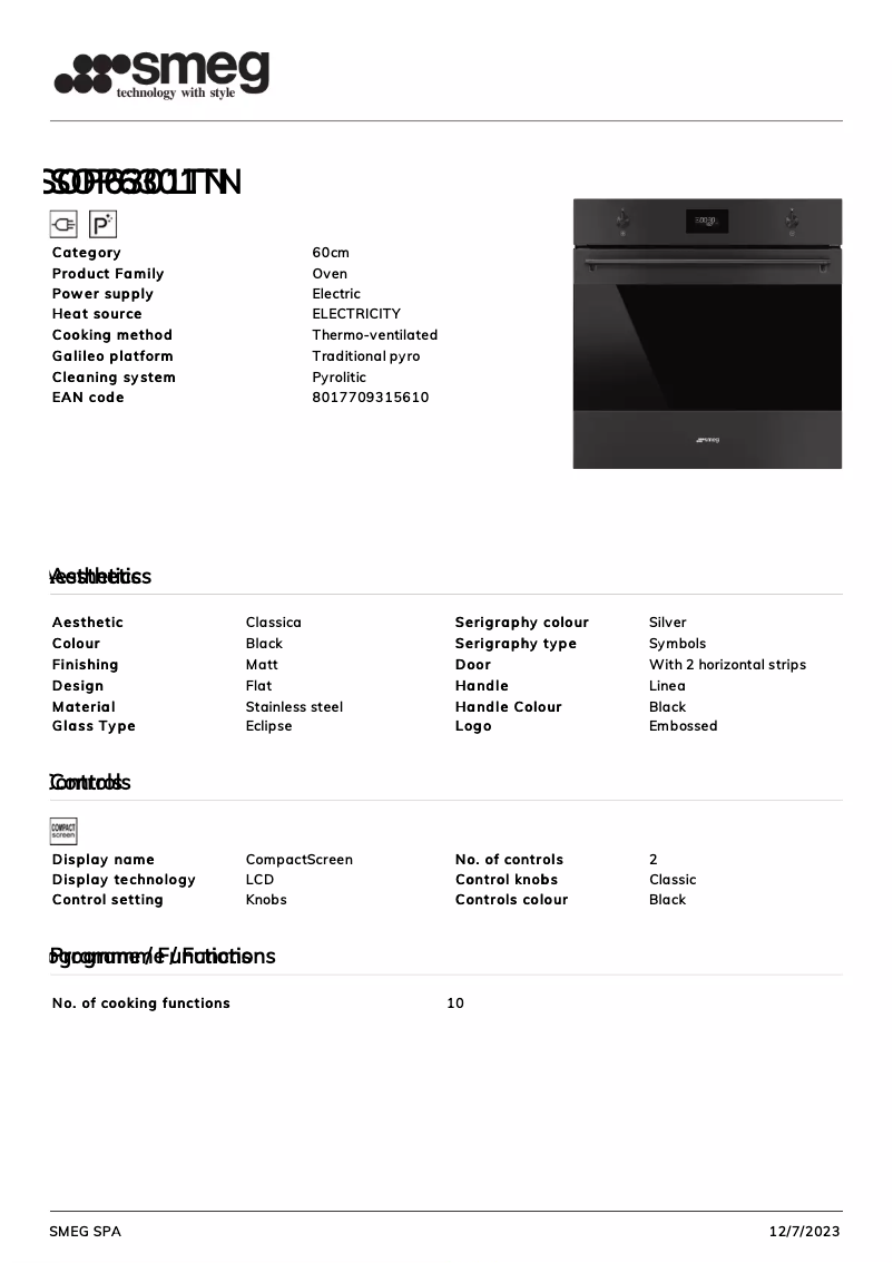 Page 1 de la notice Fiche technique Smeg SOP6301TN