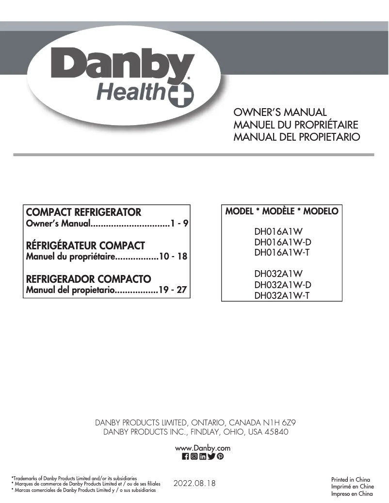 Page 1 de la notice Manuel utilisateur Danby DH032A1W-1