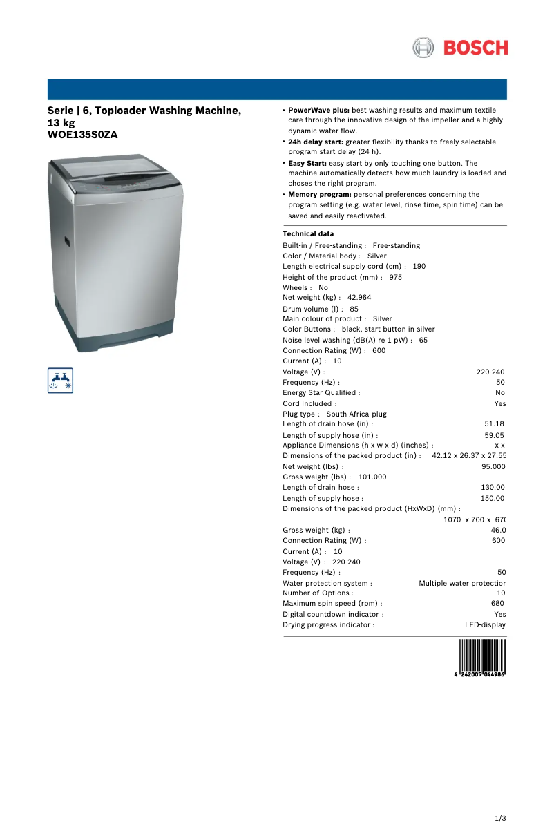 Page n°1 - Fiche technique Bosch WOE135S0ZA
