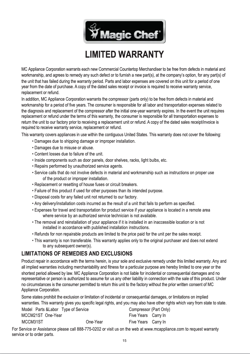 Página 1 del manual Información de garantía Magic Chef MCCM21ST