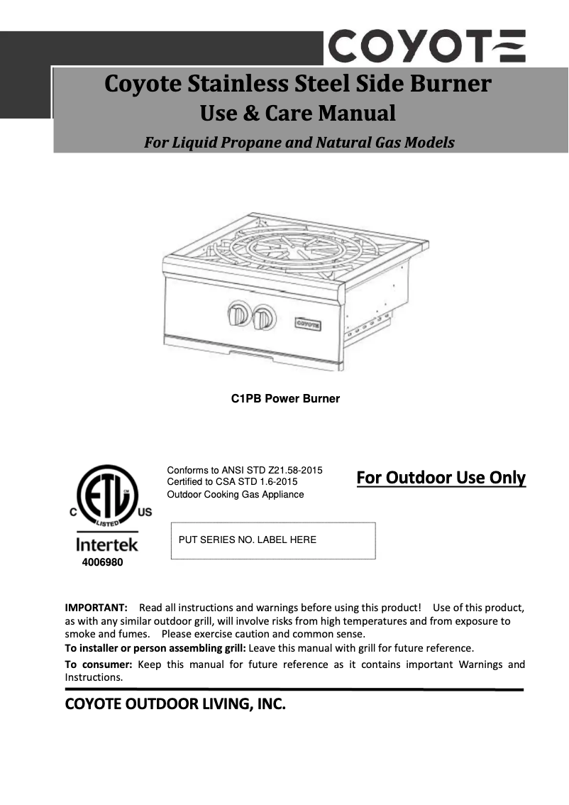 Page 1 de la notice Manuel utilisateur Coyote C1PBNG