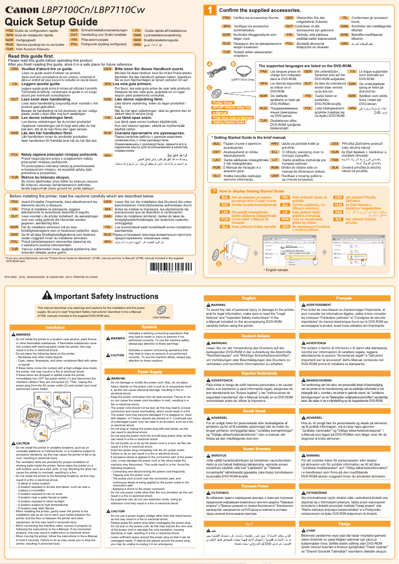 Page 1 de la notice Guide d'installation Canon i-Sensys LBP7100Cn