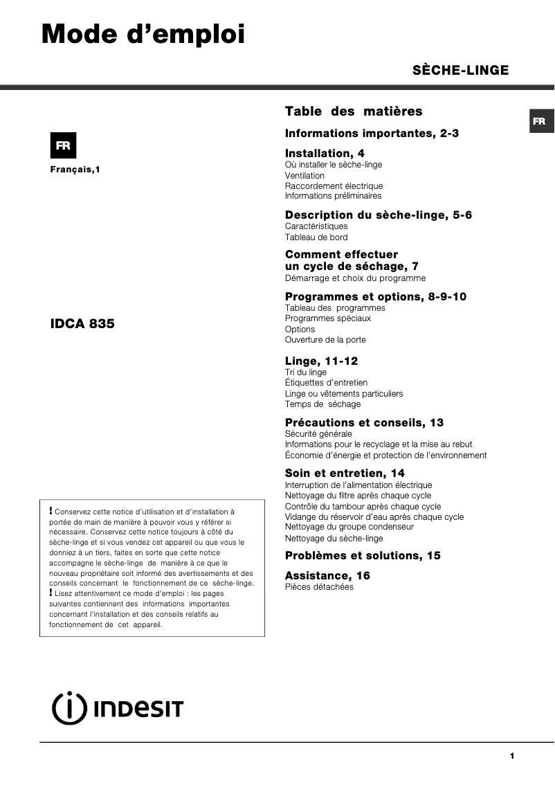Image de la première page du manuel de l'appareil IDCA 835 B (FR)