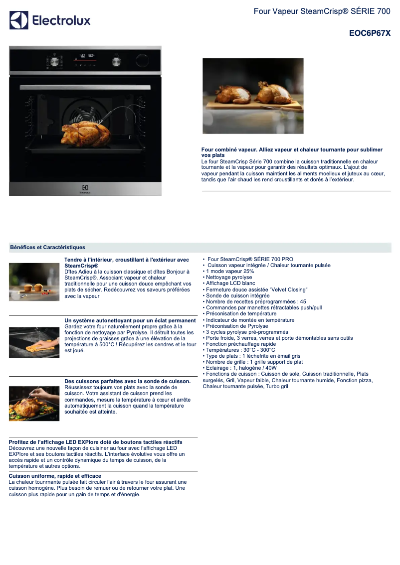 Page 1 de la notice Fiche technique Electrolux EOC6P67X