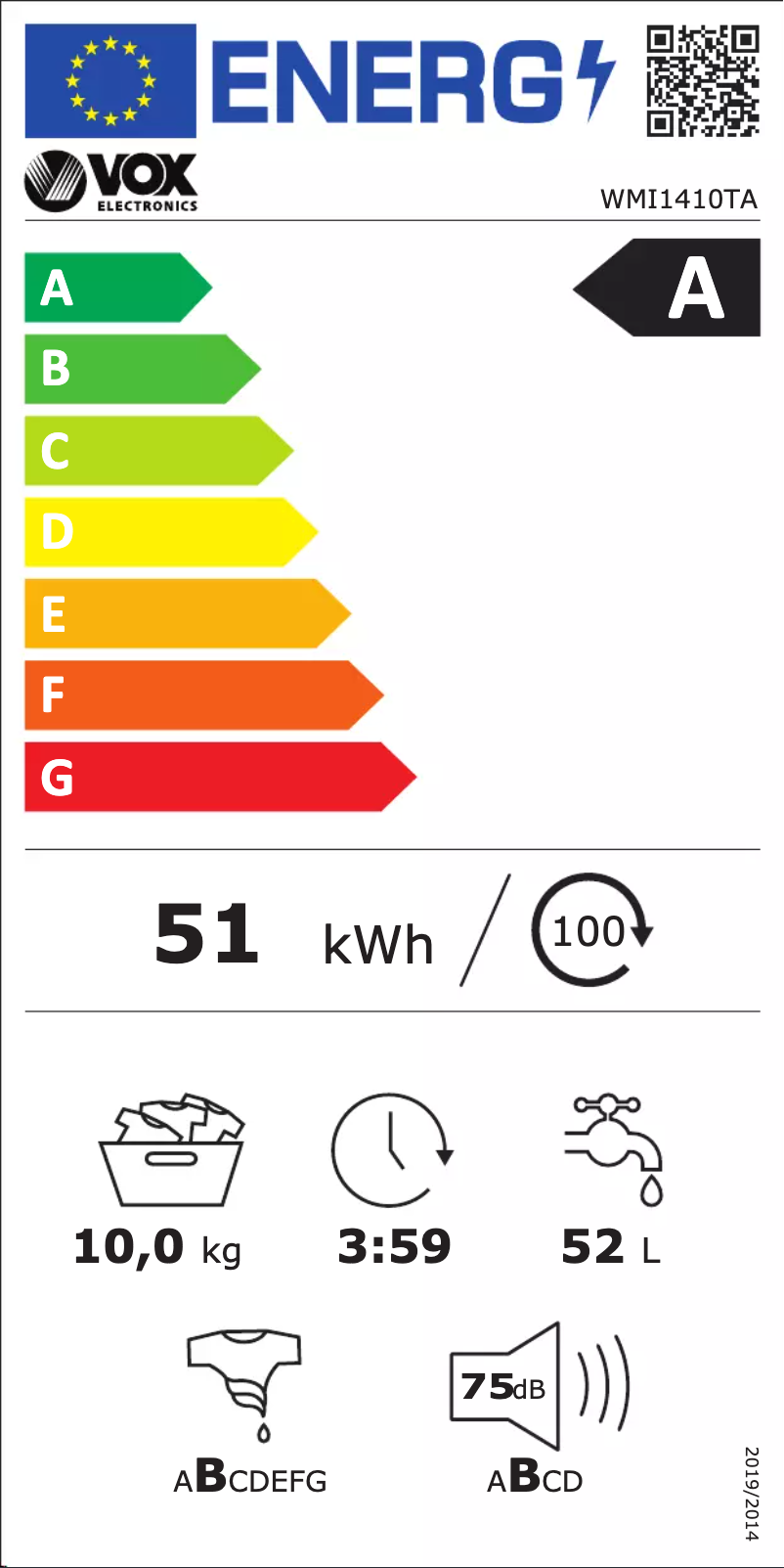 Page 1 de la notice Label énergétique VOX WMI1410TA