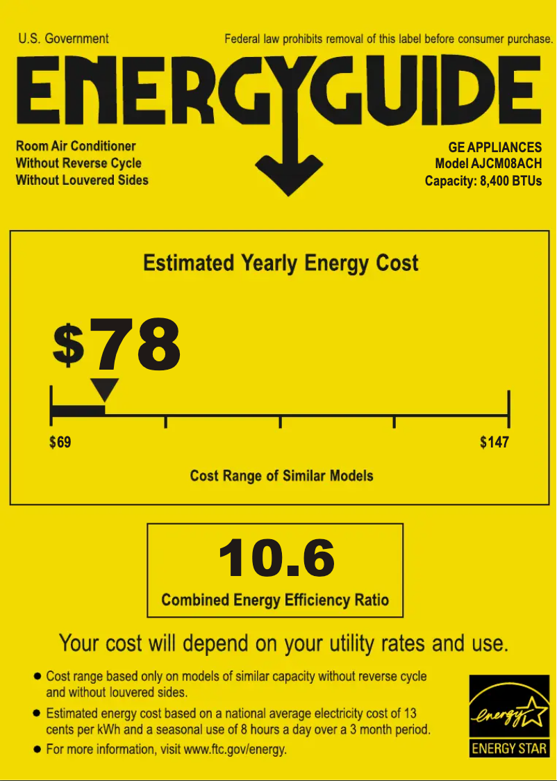 Page 1 de la notice Label énergétique GE AJCM08ACH