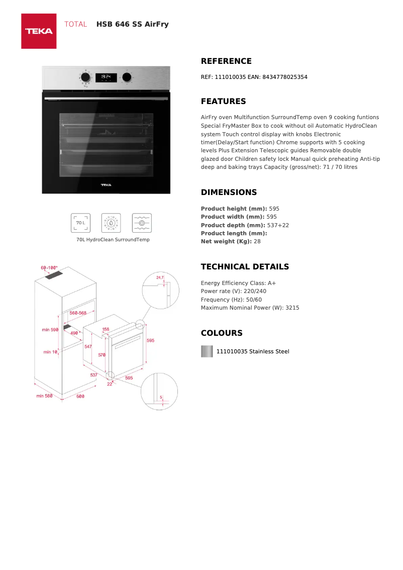 Page n°1 - Fiche technique Teka HSB 646 SS AIRFRY