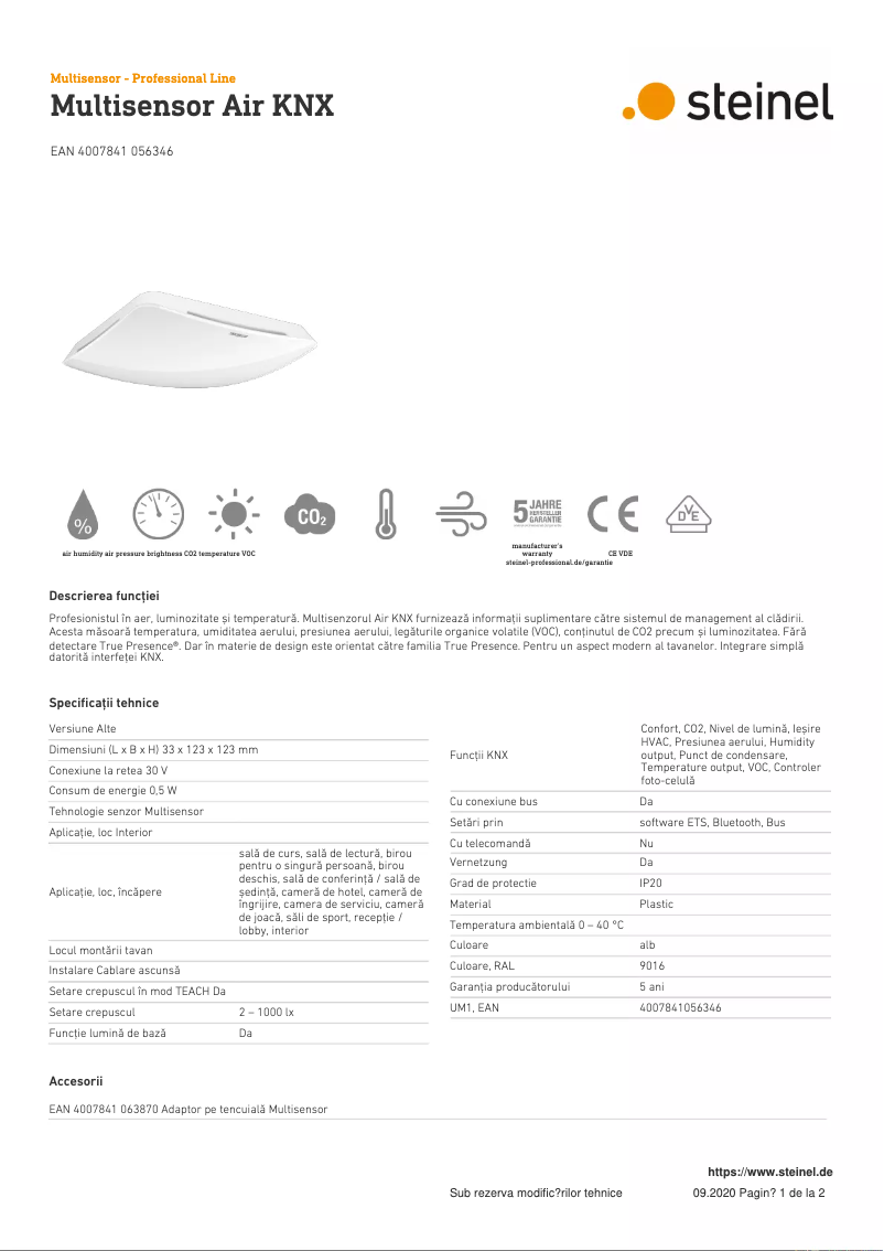 Page 1 de la notice Fiche technique Steinel Multisensor Air KNX
