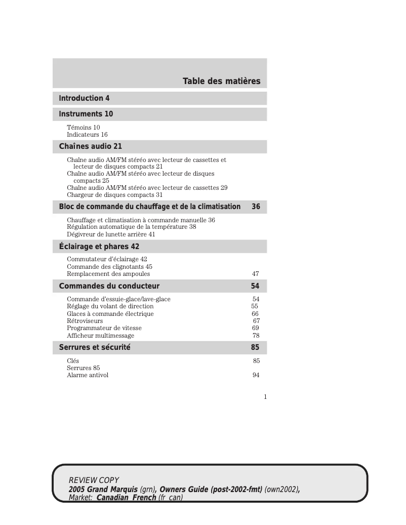 Page 1 de la notice Manuel utilisateur Mercury Grand Marquis (2005)