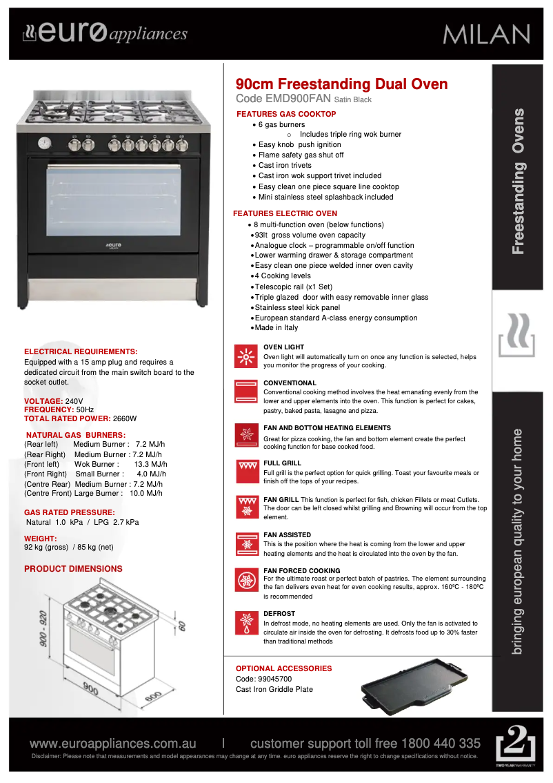 Page 1 de la notice Fiche technique Euro Appliances EMD900FAN