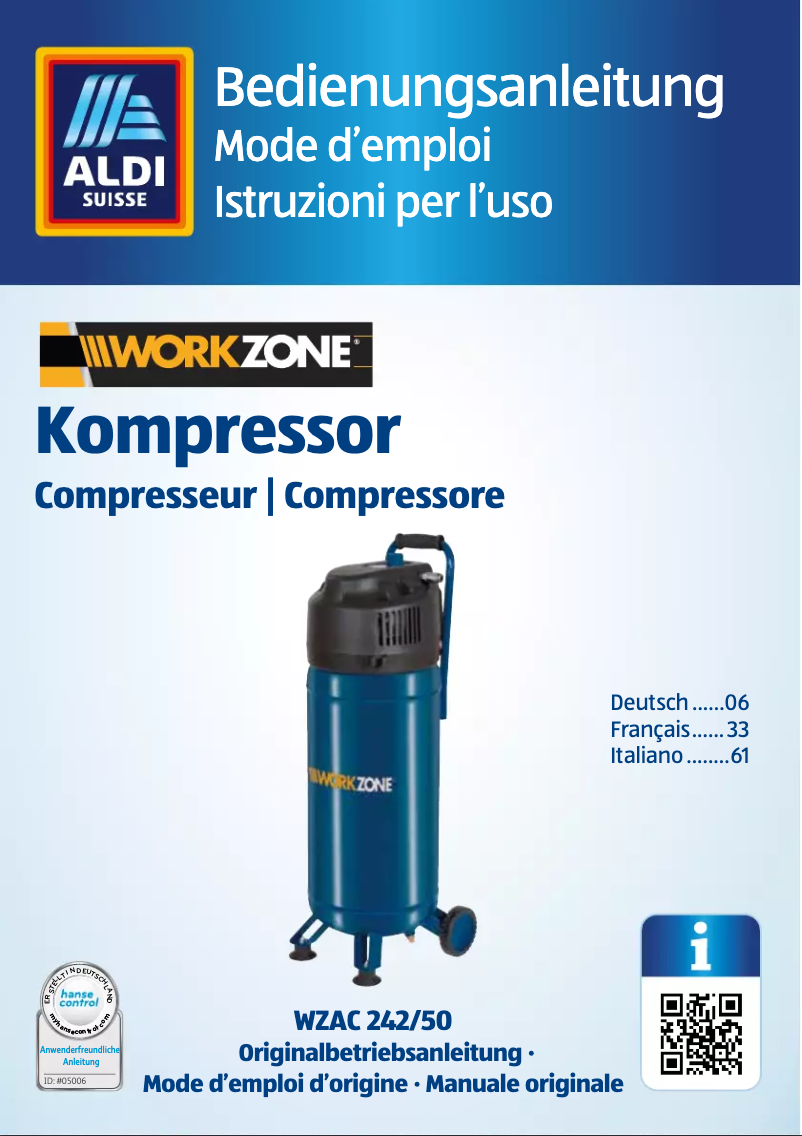 Page 1 de la notice Manuel utilisateur Workzone WZAC 242/50