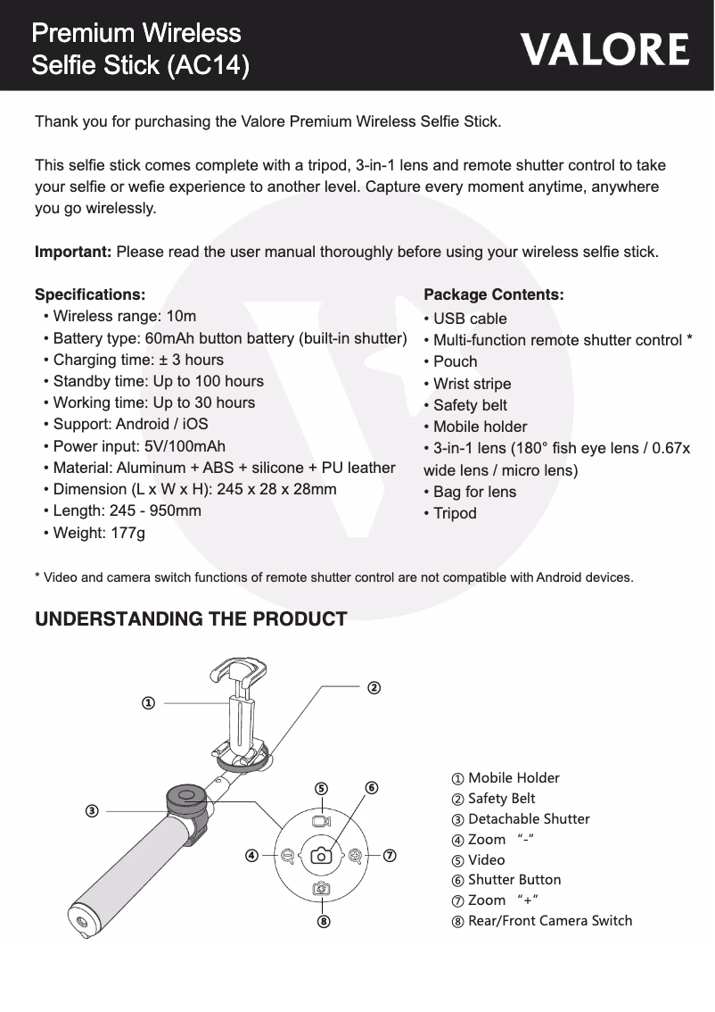 Page 1 de la notice Manuel utilisateur Valore AC14