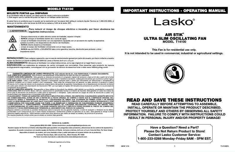 Page 1 de la notice Manuel utilisateur Lasko Air Stik T14100