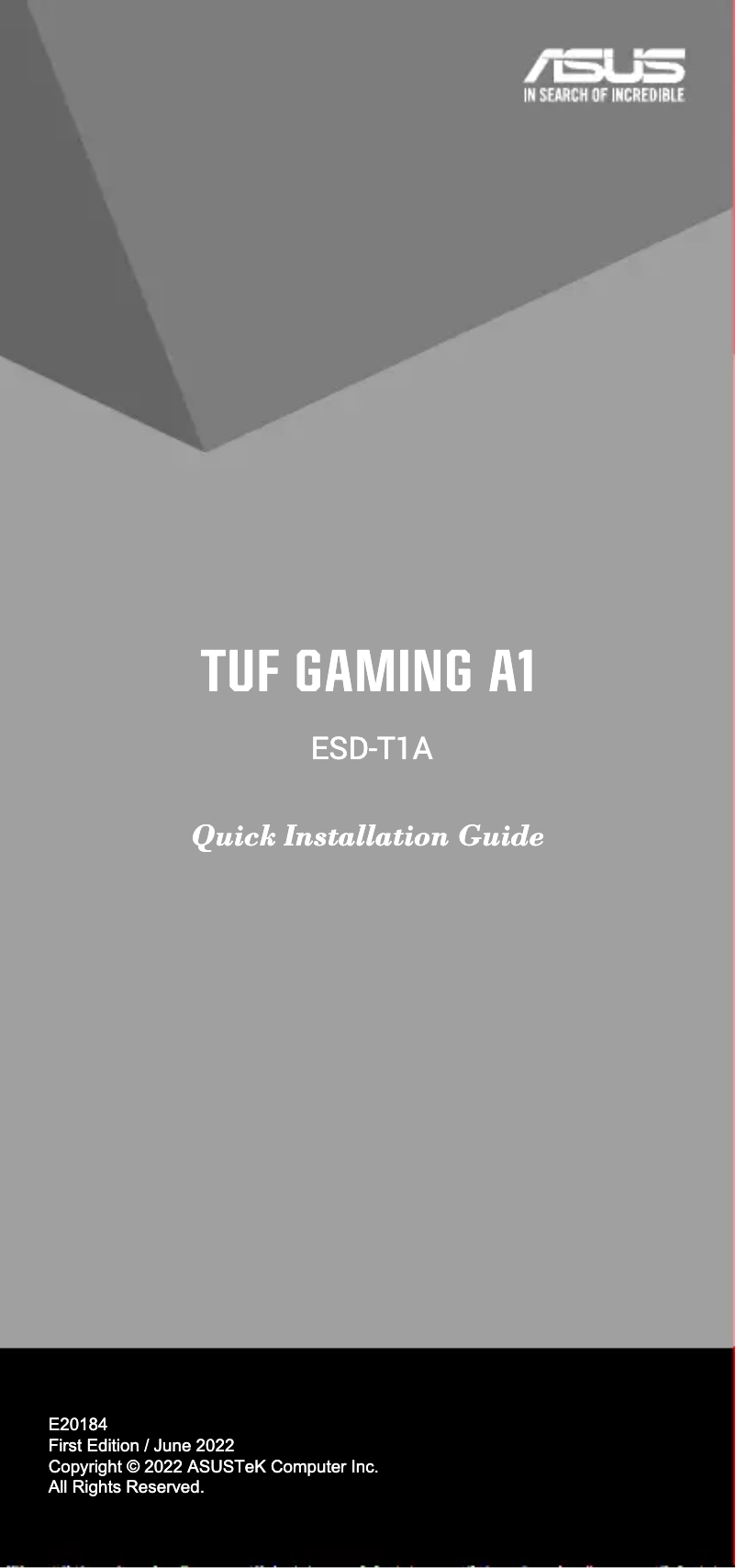 Page 1 de la notice Guide de démarrage rapide Asus TUF Gaming A1 ESD-T1A