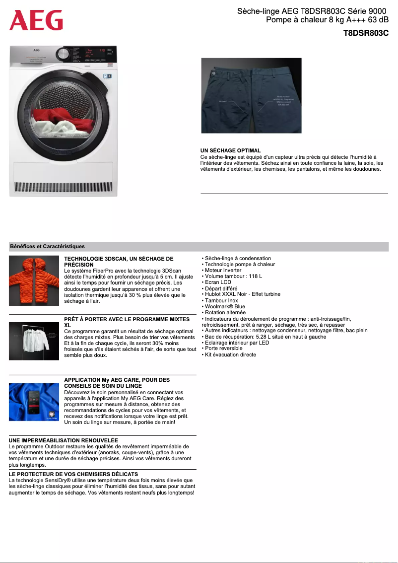 Page n°1 - Fiche technique AEG T8DSR803C