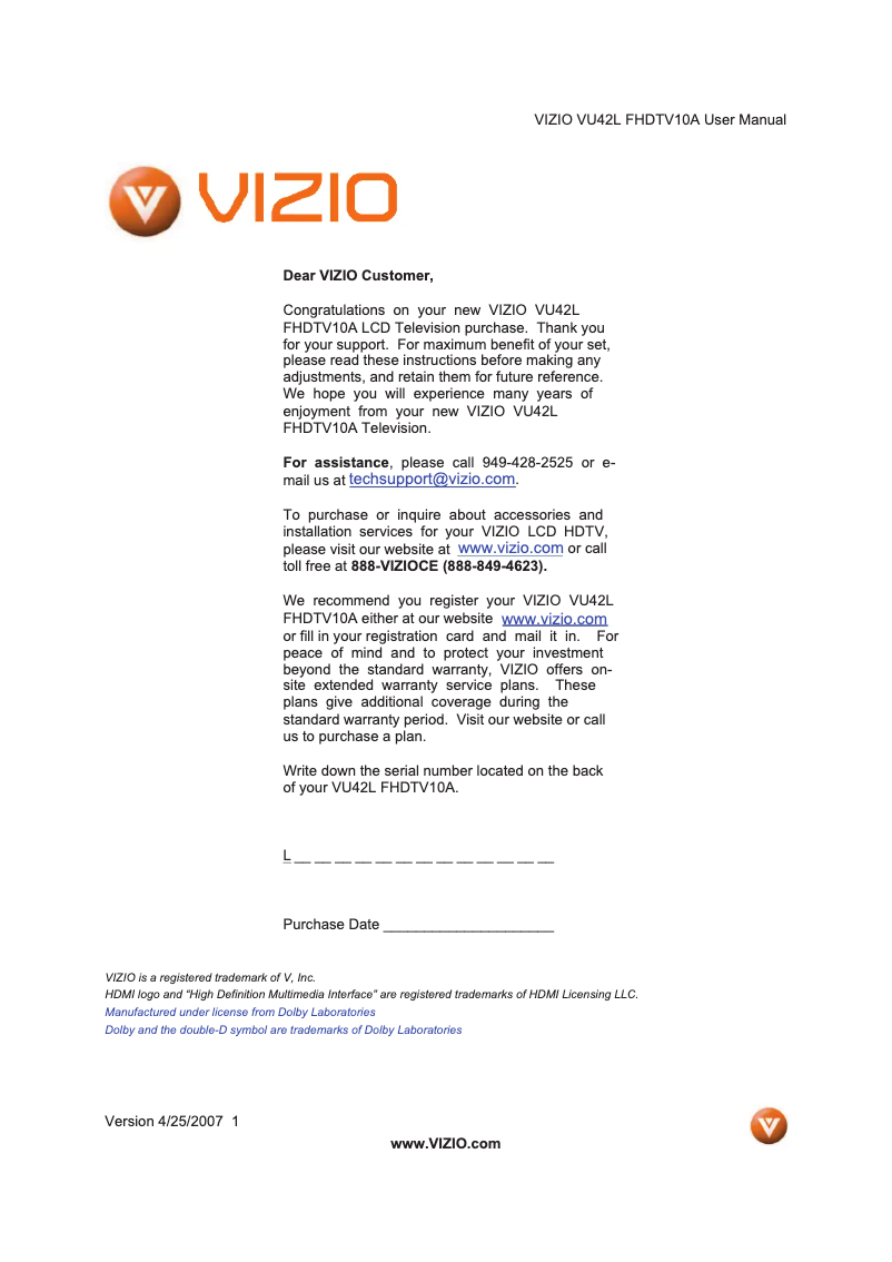 Image de la première page du manuel de l'appareil VU42LFHDTV