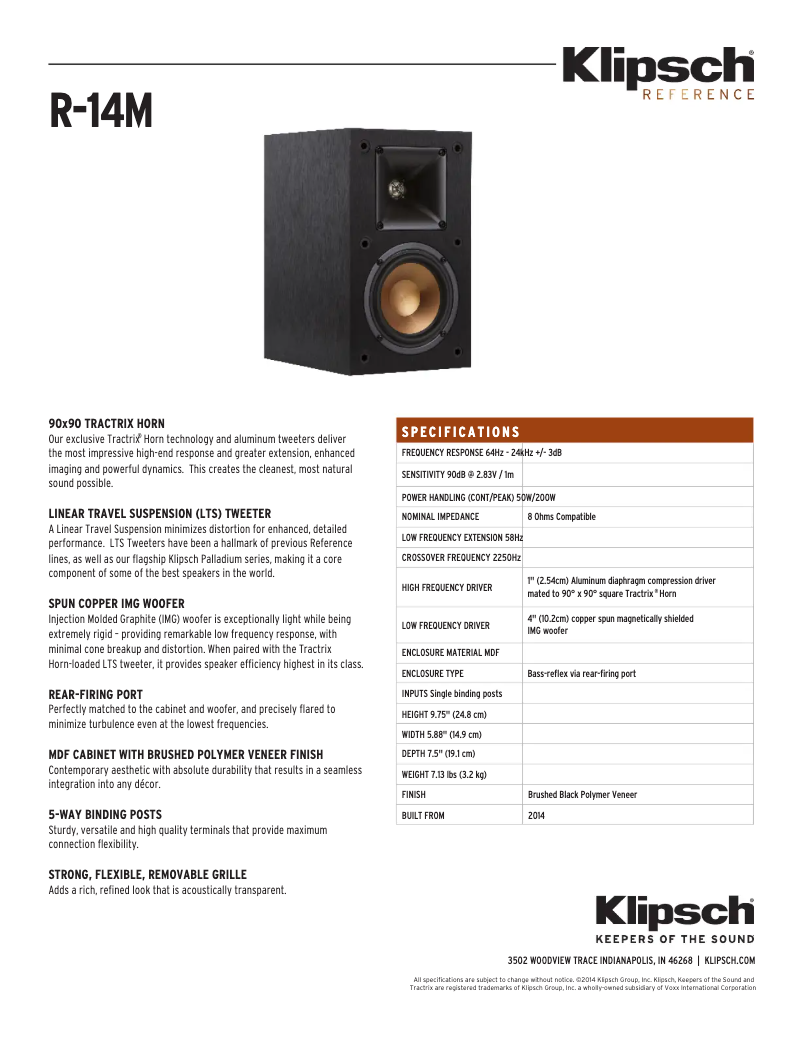 Page 1 de la notice Fiche technique Klipsch R-14M