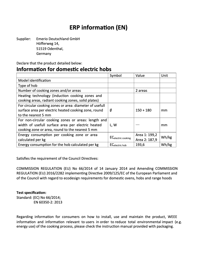 Page 1 de la notice Fiche technique Emerio HP-114482