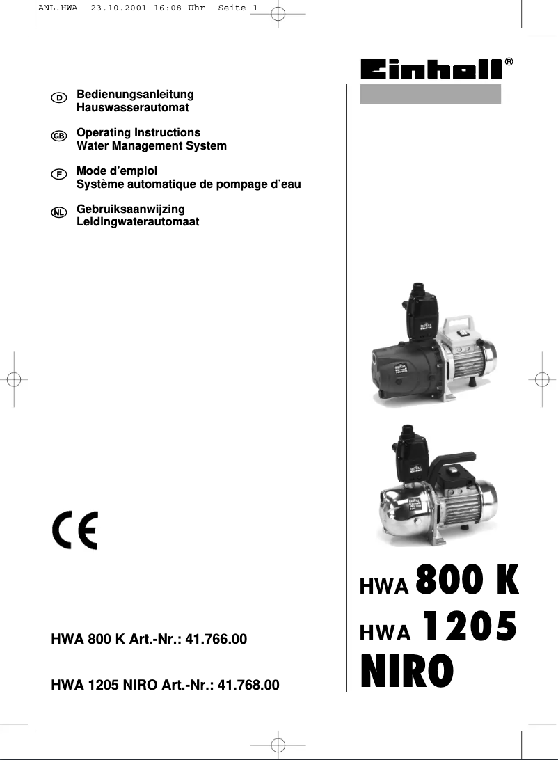 Image de la première page du manuel de l'appareil HWA 1205 NIRO