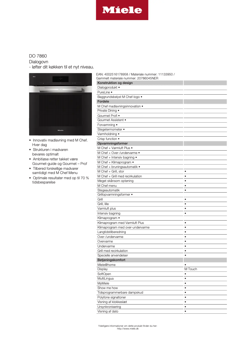 Page 1 de la notice Fiche technique Miele DO 7860