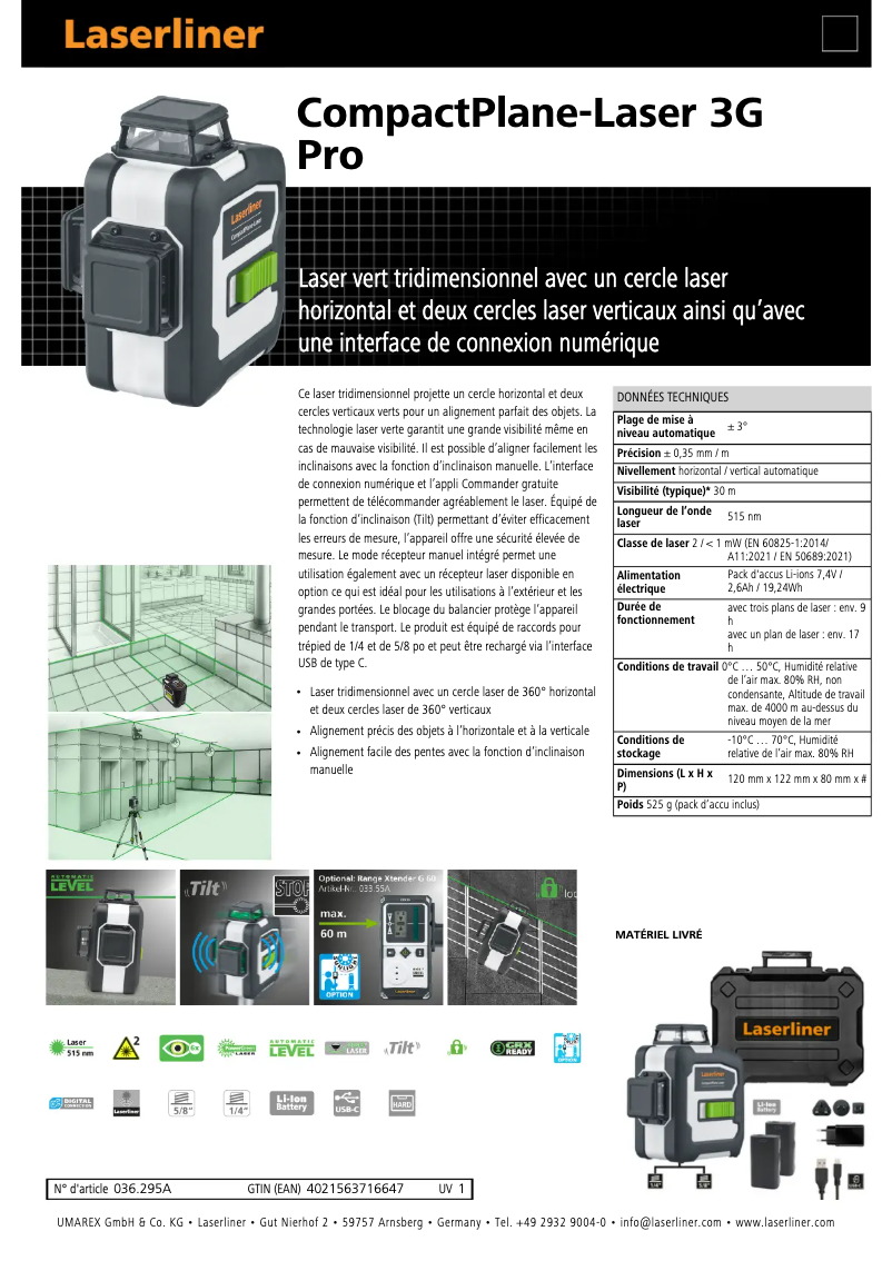 Page 1 de la notice Fiche technique Laserliner CompactPlane-Laser 3G Pro