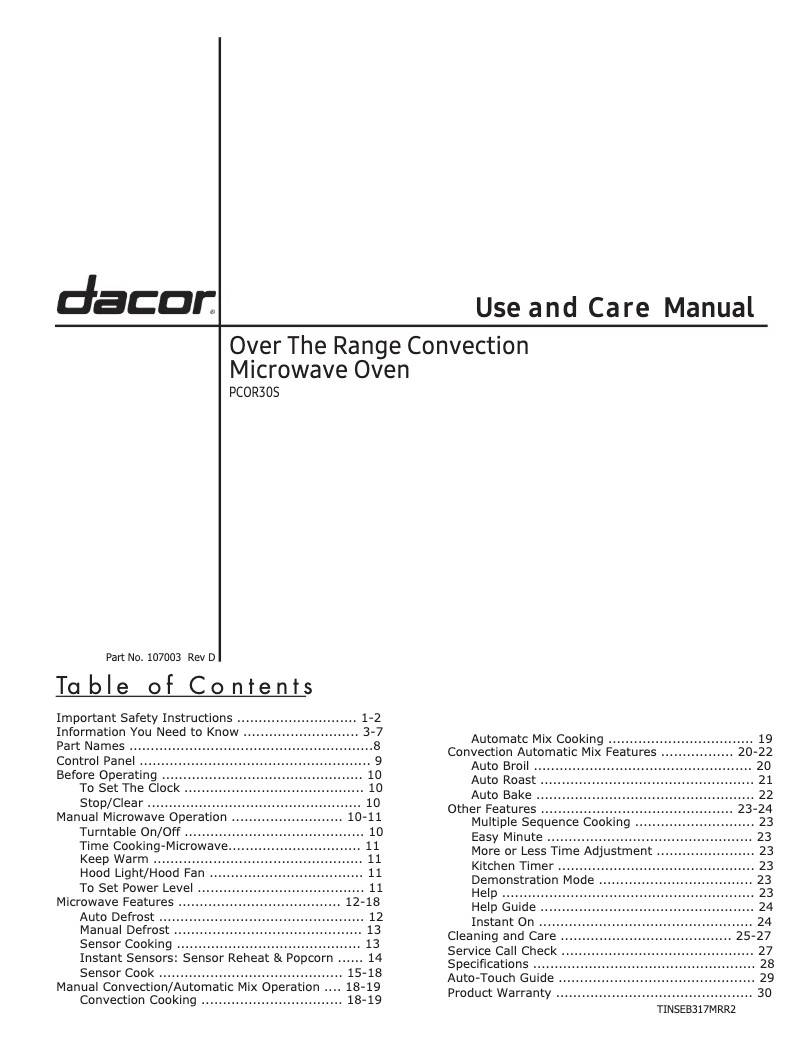 Page n°1 - Manuel utilisateur Dacor PCOR30S