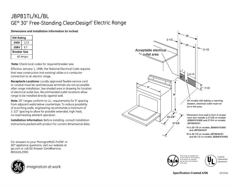 Page n°1 - Fiche technique GE JBP81BLBB