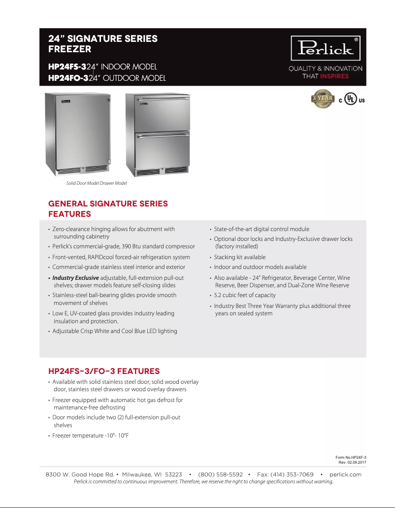 Page 1 de la notice Fiche technique Perlick HP24FO32L