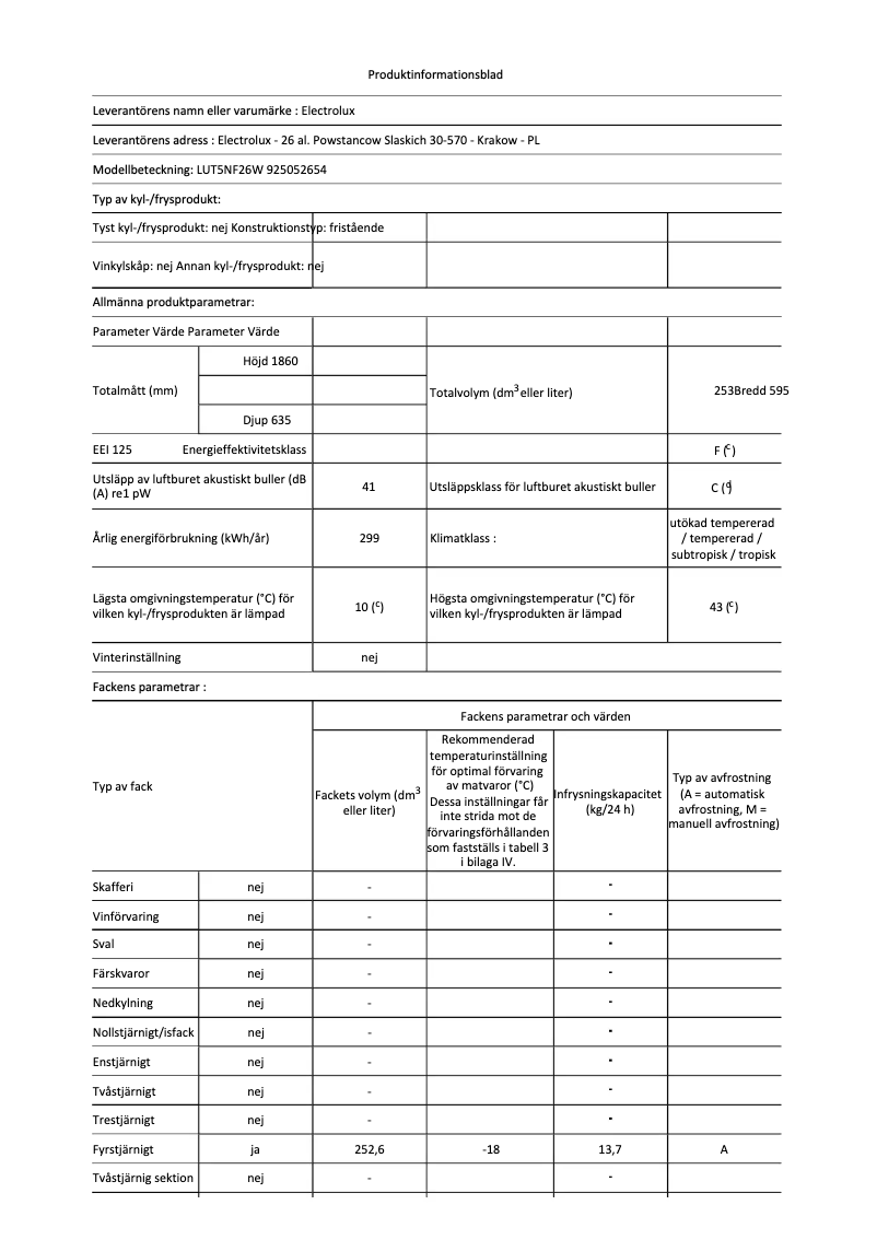 Page 1 de la notice Fiche technique Electrolux LUT5NF26W