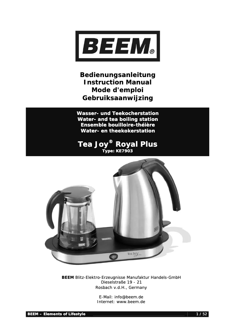 Page 1 de la notice Manuel utilisateur BEEM Tea Joy Royal Plus KE7903