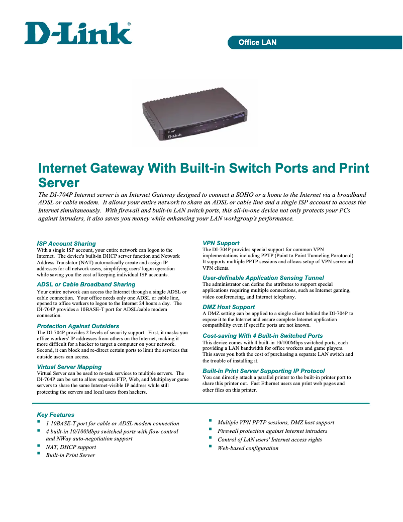 Page 1 de la notice Fiche technique D-Link DI-704P
