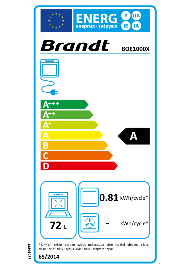 Page 1 de la notice Label énergétique Brandt BOE1000X