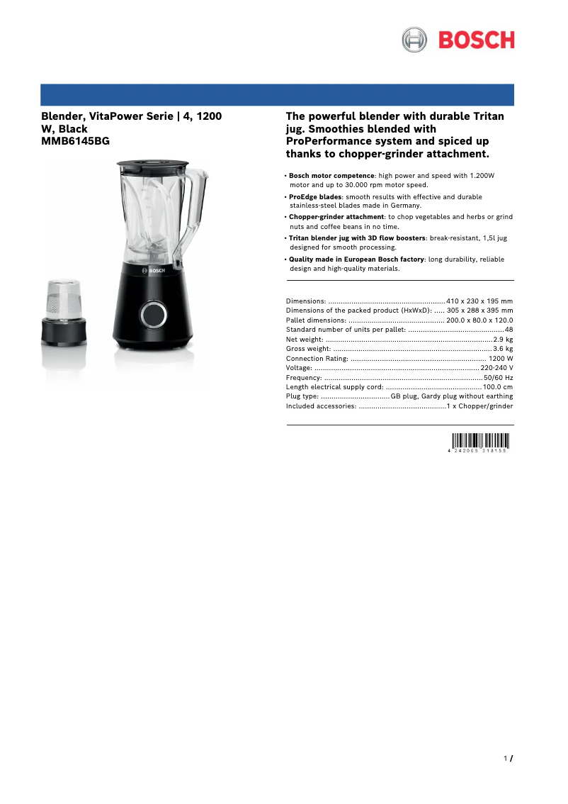 Page 1 de la notice Fiche technique Bosch VitaPower Serie 4 MMB614