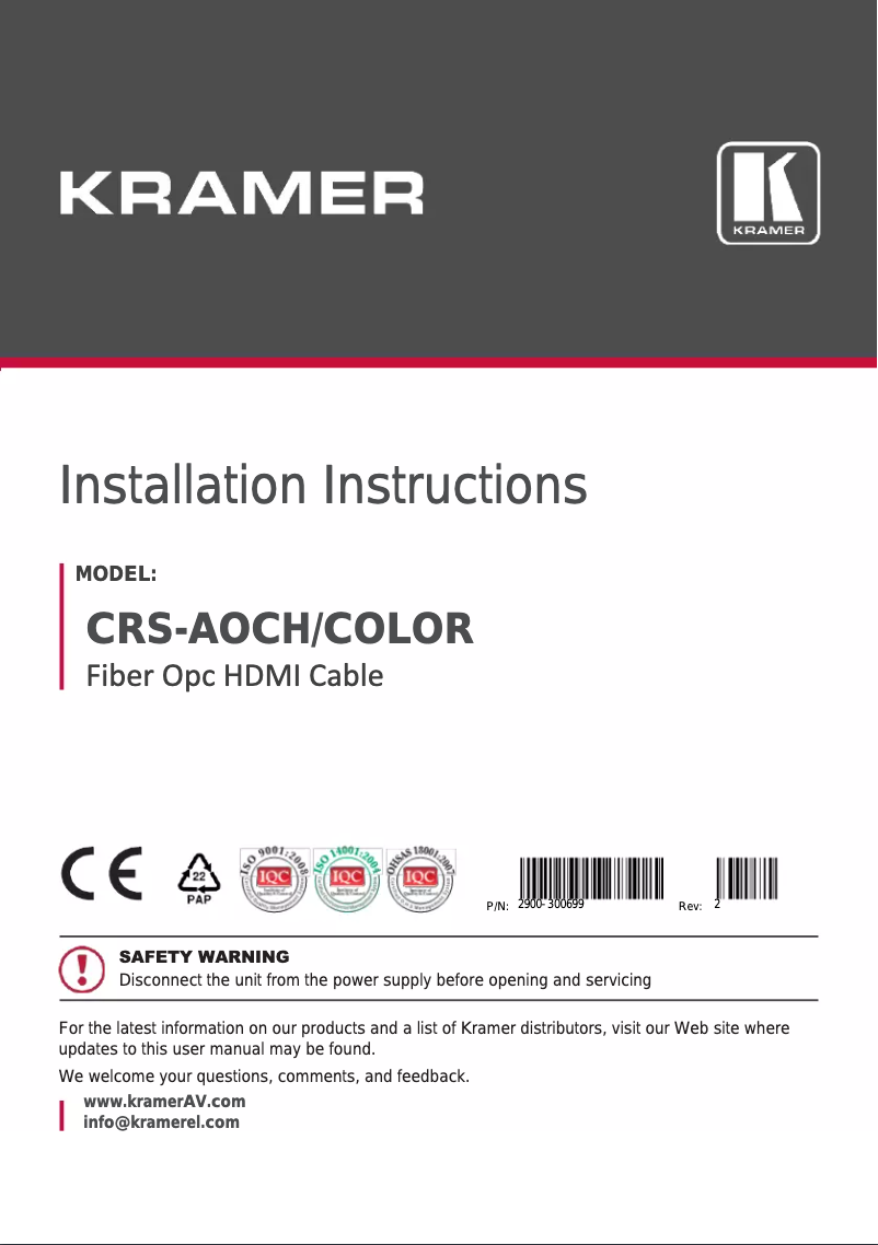 Página 1 del manual Manual de usuario Kramer OPTICAL HDMI CABLE FOR 4K@60HZ