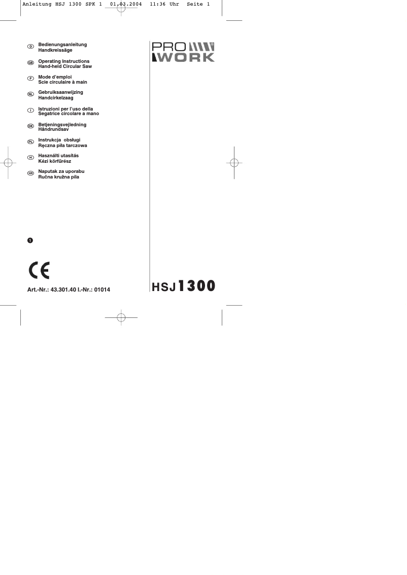 Page n°1 - Manuel utilisateur Prowork HSJ 1300