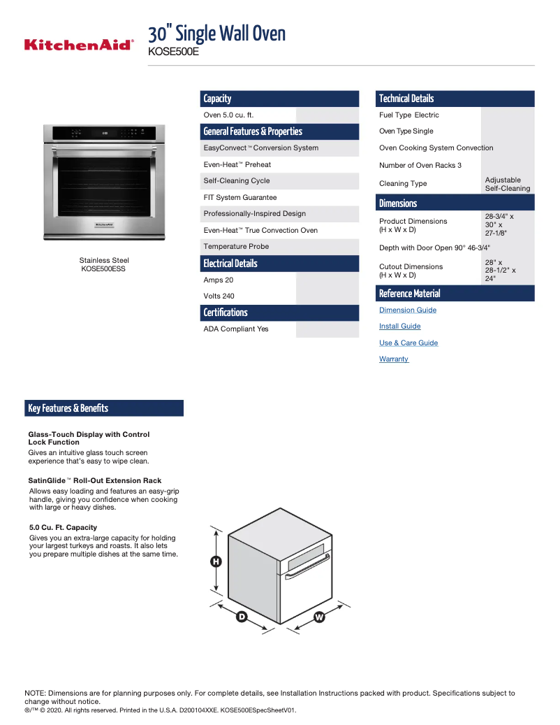 Page n°1 - Fiche technique KitchenAid KOSE500E