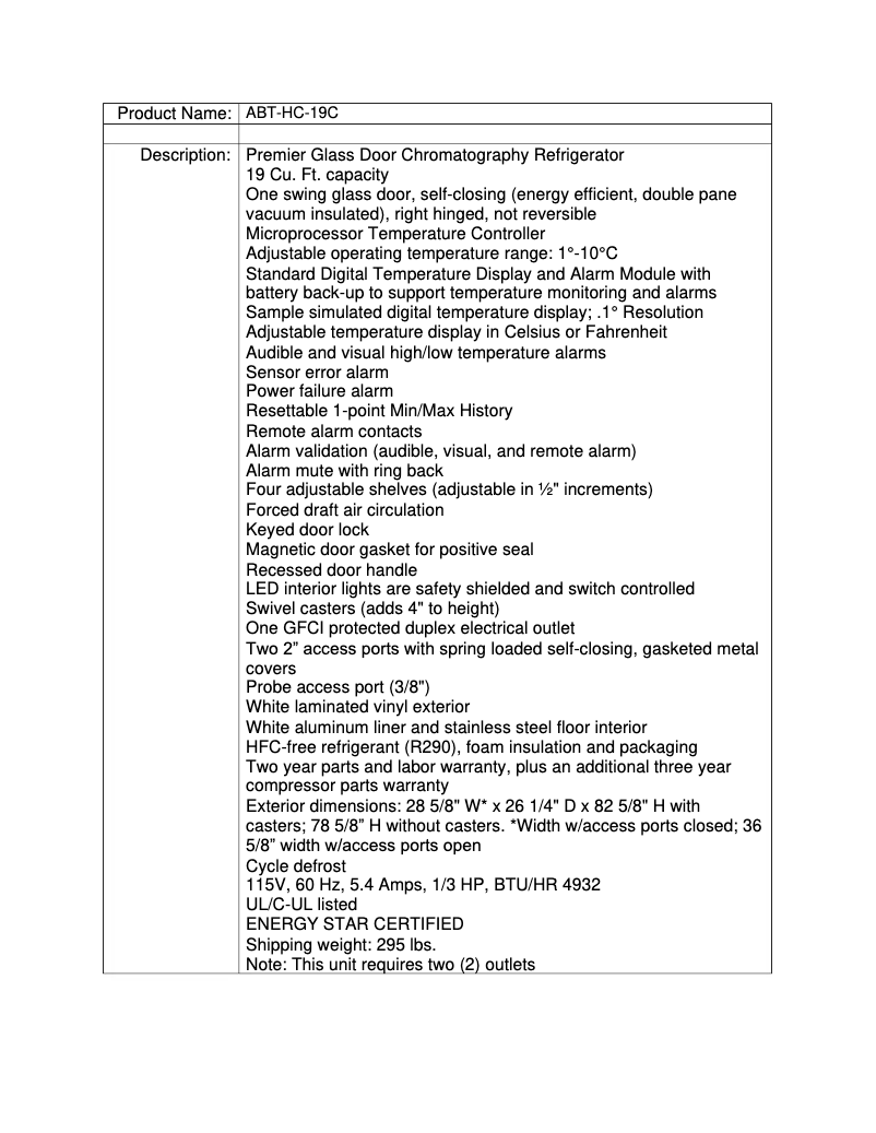 Page 1 de la notice Fiche technique American BioTech Supply ABT-HC-19C