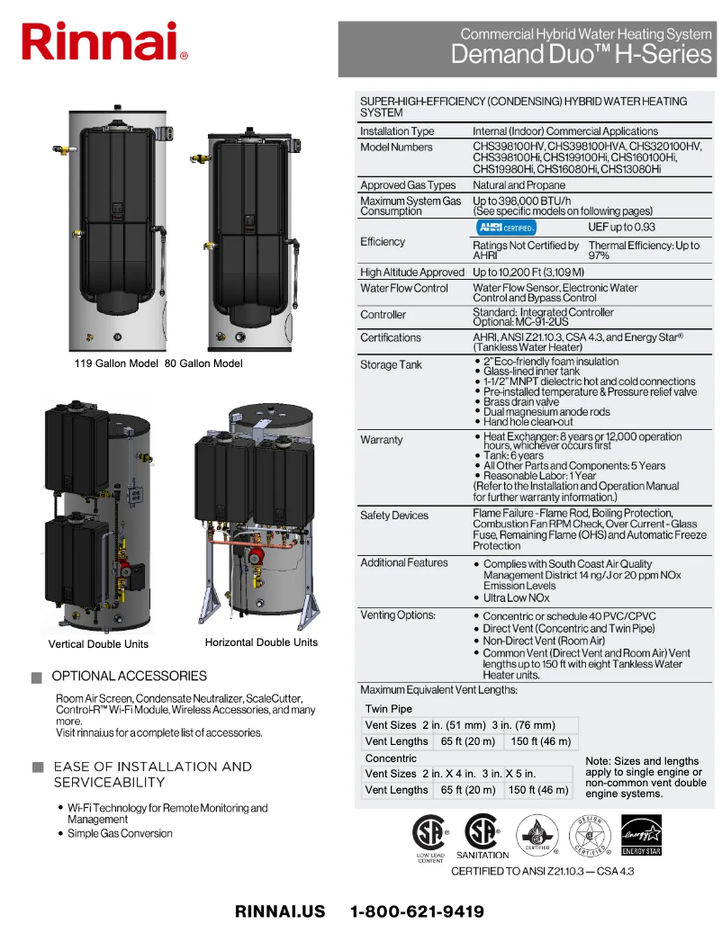 Page 1 de la notice Fiche technique Rinnai CHS13080HiN