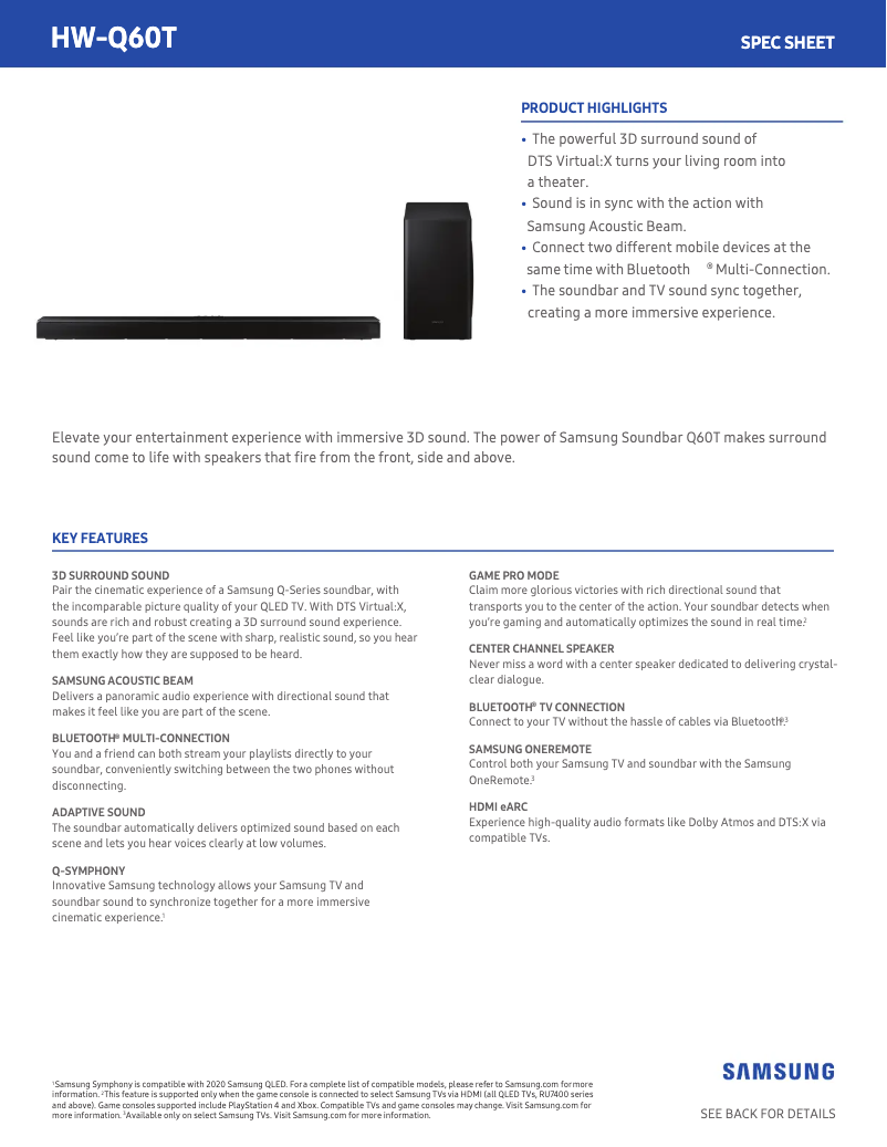 Page 1 de la notice Fiche technique Samsung HW-Q60T