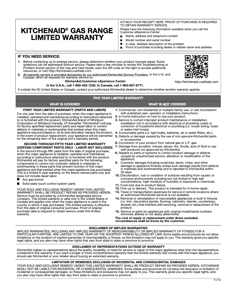 Página 1 del manual Información de garantía KitchenAid KFGD500ESS