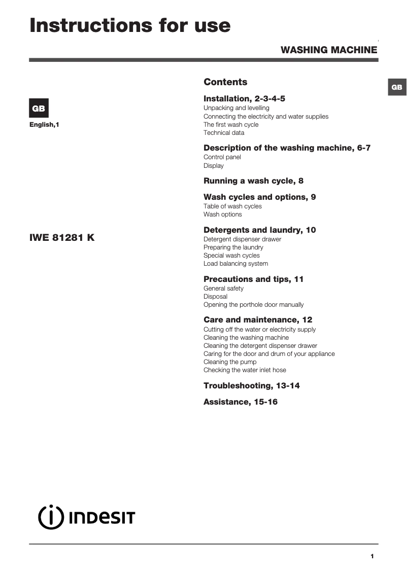 Page 1 de la notice Manuel utilisateur Indesit IWE 81281