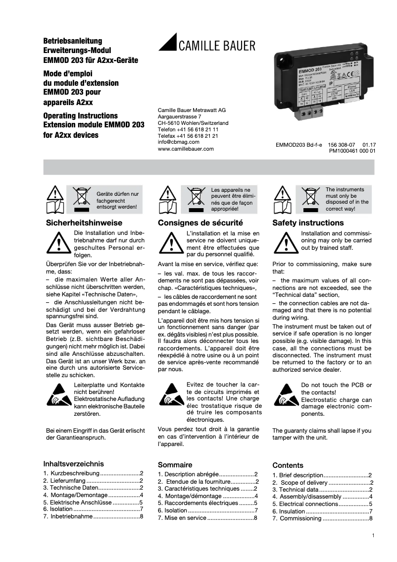 Page 1 de la notice Manuel utilisateur Camille Bauer EMMOD203