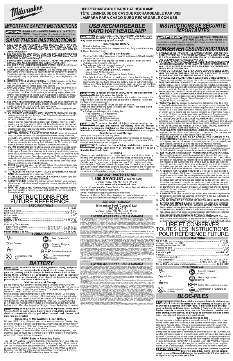 Page 1 de la notice Manuel utilisateur Milwaukee 2113-21