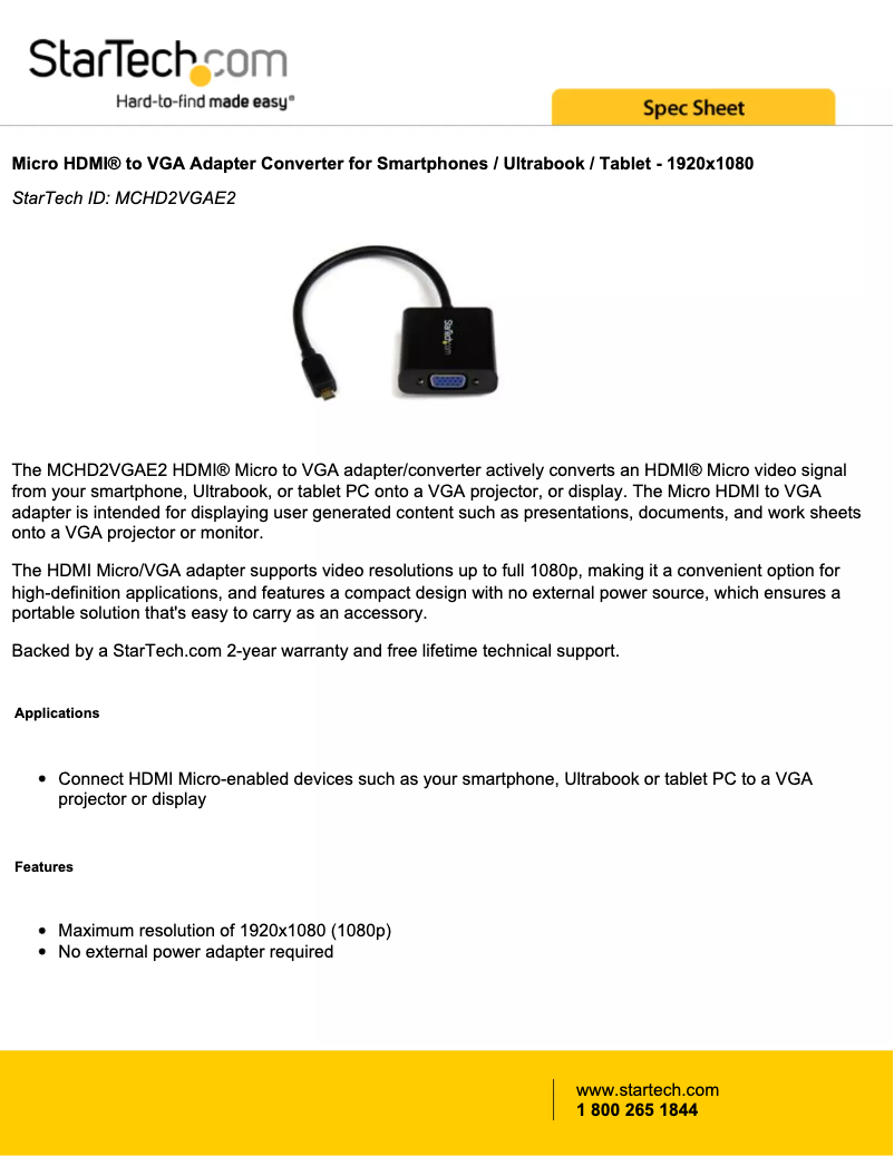 Page 1 de la notice Fiche technique StarTech.com MCHD2VGAE2