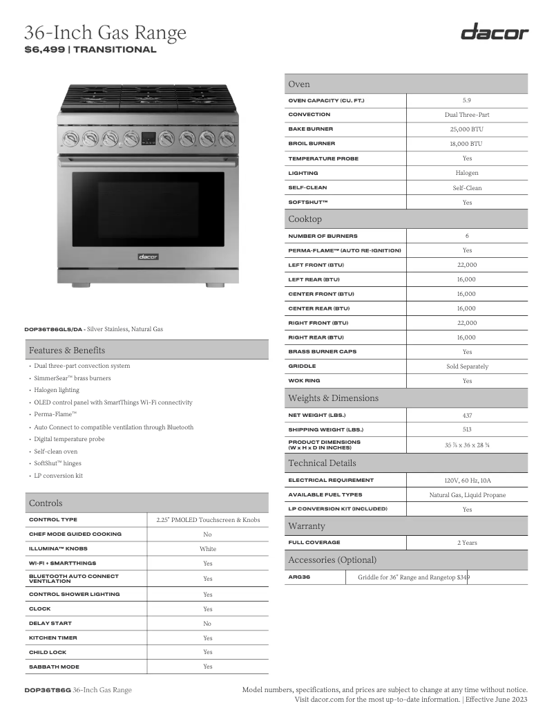 Page 1 de la notice Fiche technique Dacor DOP36T86GLS