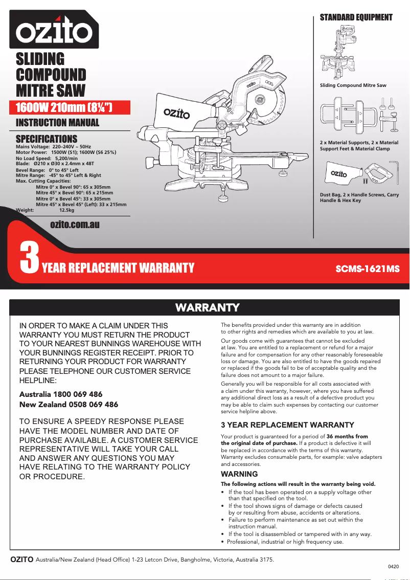 Página 1 del manual Manual de usuario Ozito SCMS-1621MS