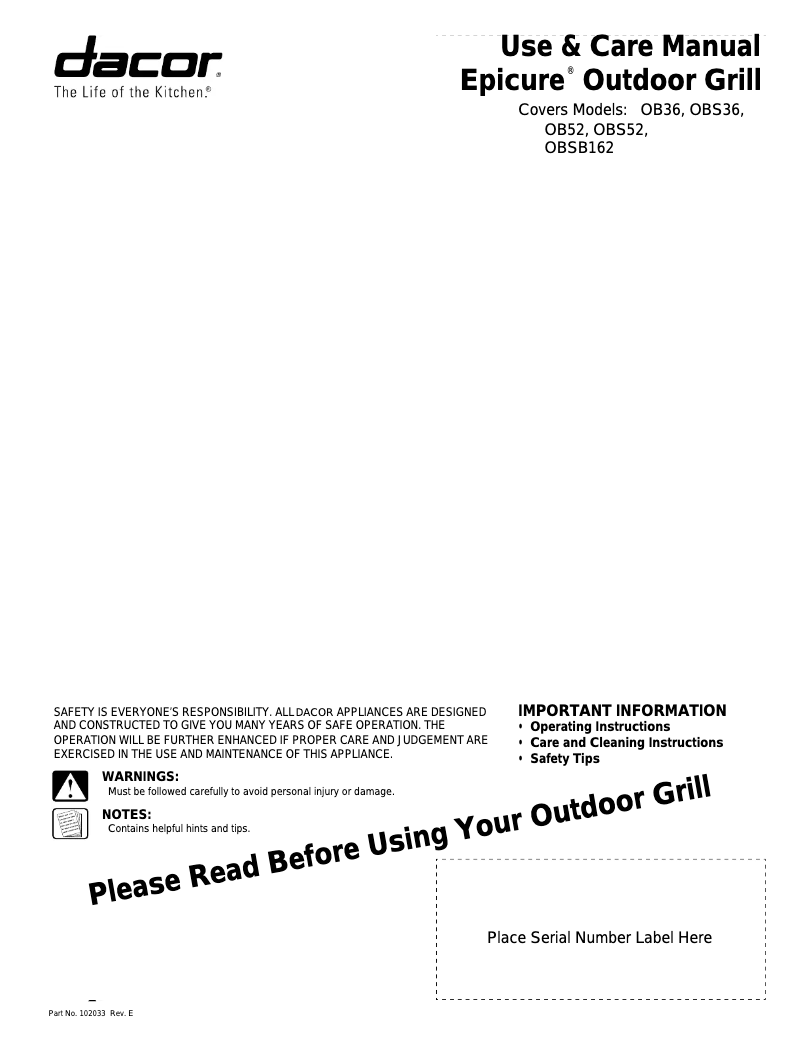 Page 1 de la notice Manuel utilisateur Dacor OBS52