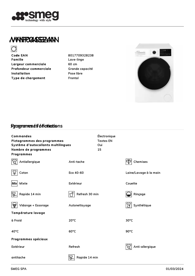Page n°1 - Fiche technique Smeg WNP04SEAIN