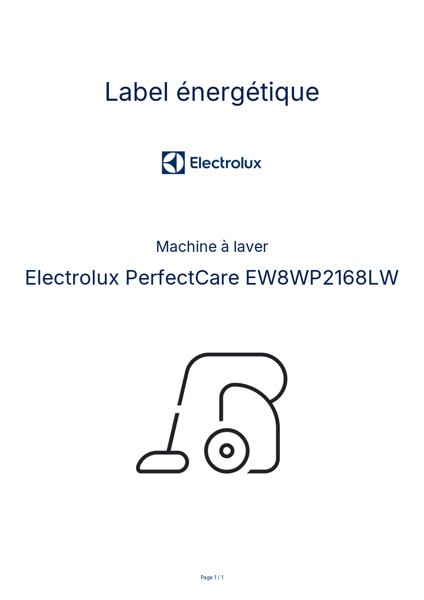 Page n°1 - Label énergétique Electrolux PerfectCare EW8WP2168LW